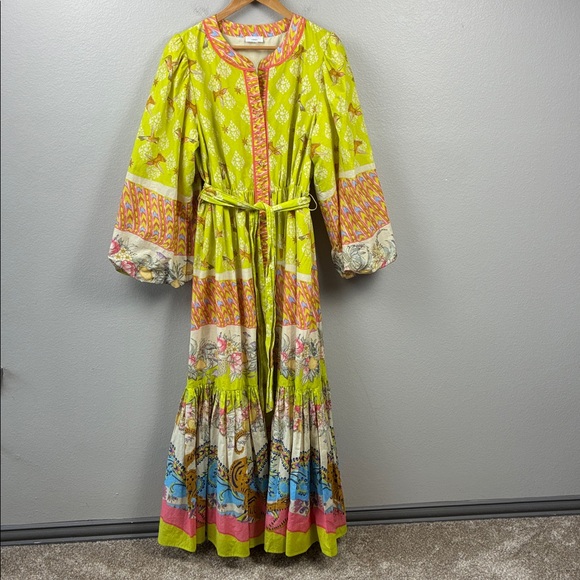 A Loves A Hummingbird Print Maxi Dress Balloon Sleeve Button Front Green RARE XL - Picture 5 of 11